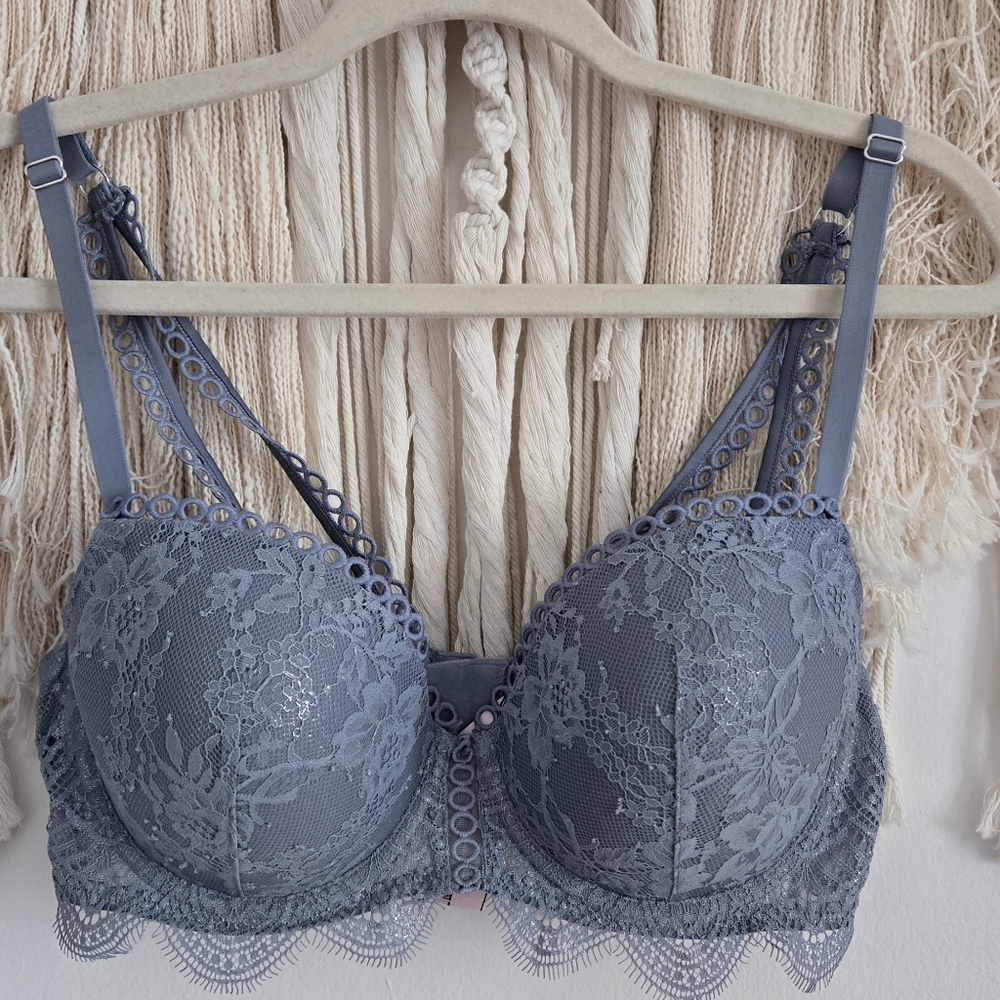 Victoria's Secret Bra Women's 36D Blue Gray Lace  Dream Angels Racerback